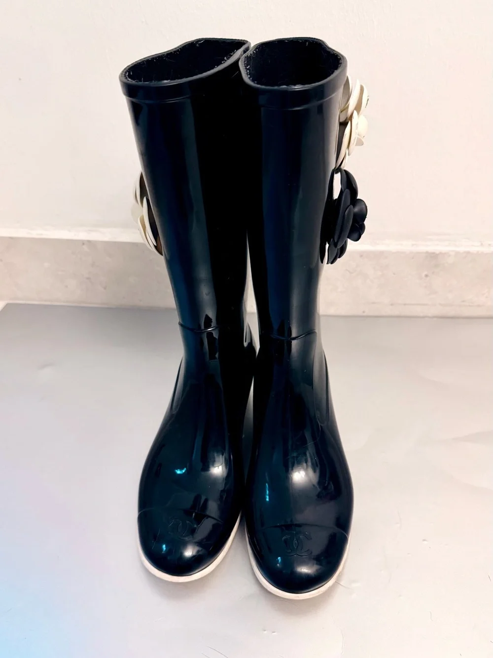 CHANEL Black Rain Boots with Black and White Camellia Details